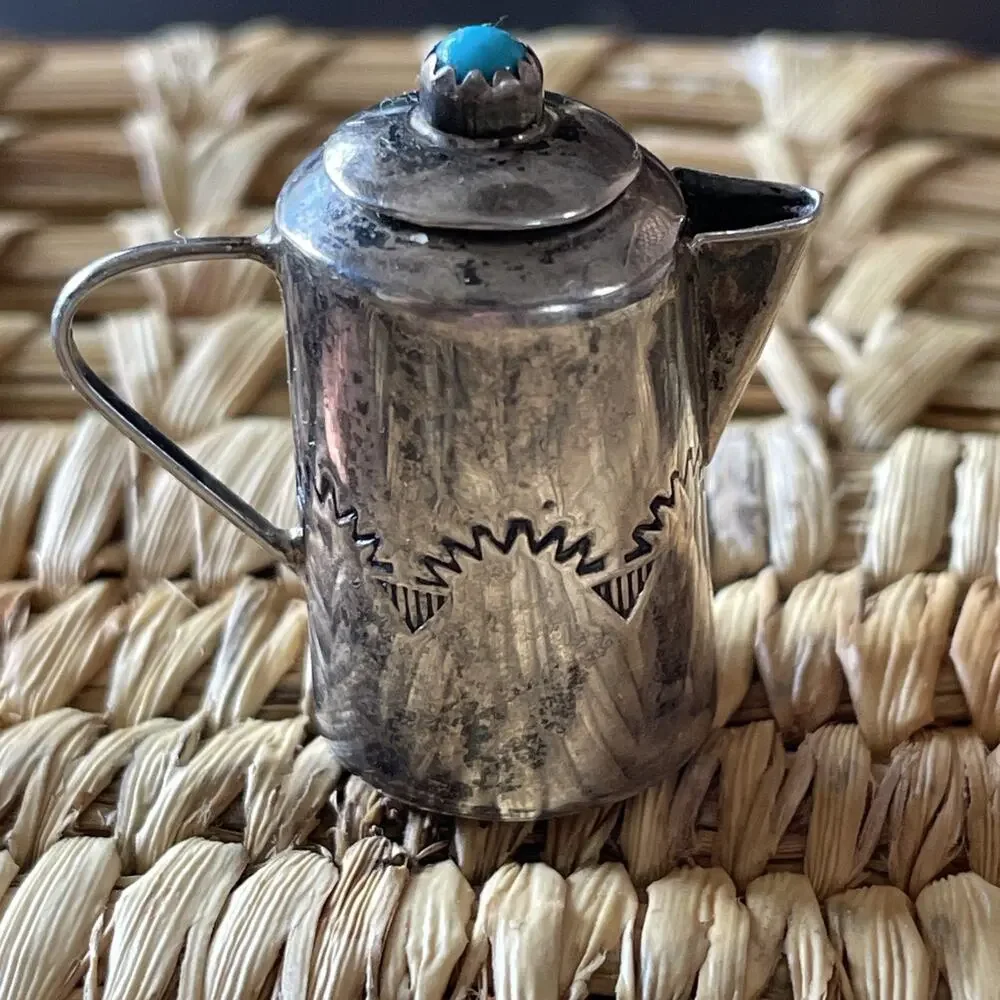 Miniature Turquoise Sterling Silver Water Kettle by Elizabeth Margret Whitman